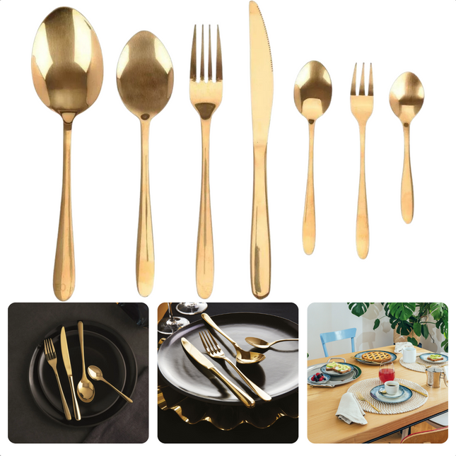 Cheqo® 39-delige Bestekset - RVS - Goud - 6 Messen - 6 Vorken - 6 Eetlepels - 6 Dessertlepels - 6 Theelepels - 2 Saladelepels - 6 Dessertvorken - 1 Juslepel - PVD Coating - Vaatwasserbestendig - Luxe Gouden Bestekset - 6 persoons Bestekset