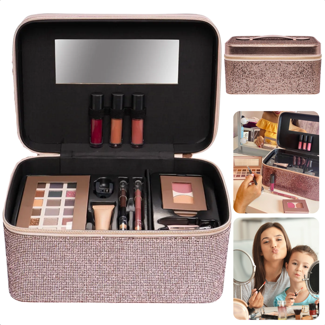Cheqo® Beautycase Brons Glitter - Luxe Make-up Koffer met Spiegel - Complete Reisset - Beauty Case met Vakken - Visagiekoffer - Cosmeticakoffer - Beautycase