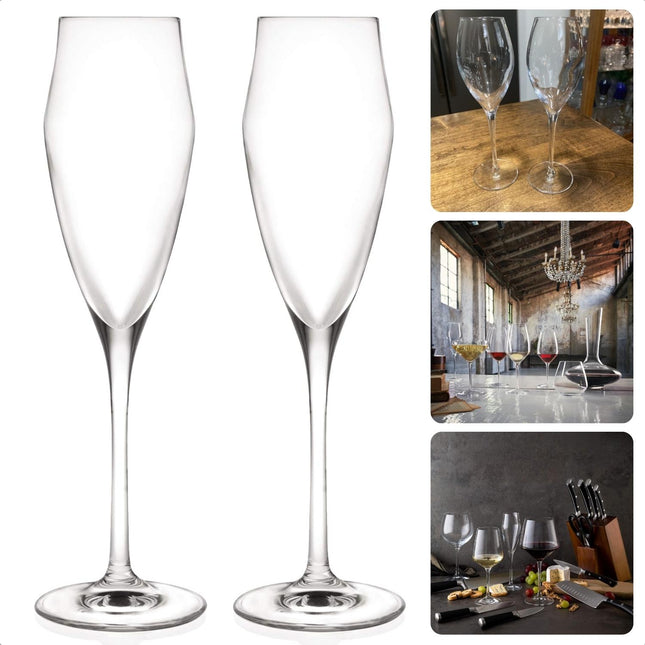 Cheqo® Champagneglazen - Fluitglazen - 18.2Cl - Eco-Crystal Glas - Sterk en Krasbestendig - 2 Stuks - Horeca en Privegebruik - 23cm Hoogte - Vaatwasserbestendig - Flute - Lange Levensduur Champagneglazen