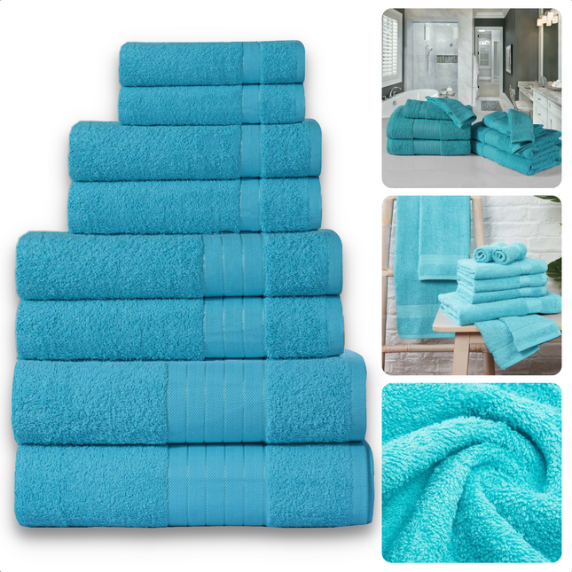 Cheqo® Handdoeken Set - Set van 8 Stuks - Aqua Blauw - Verschillende Maten - 100% Katoen - 500 gr/m2 - Handdoek - Hotel Kwaliteit - Handdoek Badkamer - Zware Kwaliteit - Luxe Uitvoering - Extra Zacht & Stevig - Handdoekenset - Badhanddoeken Handdoeken