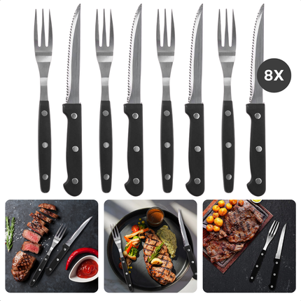 Cheqo® BBQ Steakmessen en Vorken Set - Steakmes - Barbecue Bestek - 8-delig - RVS Zwart - Perfect voor BBQ