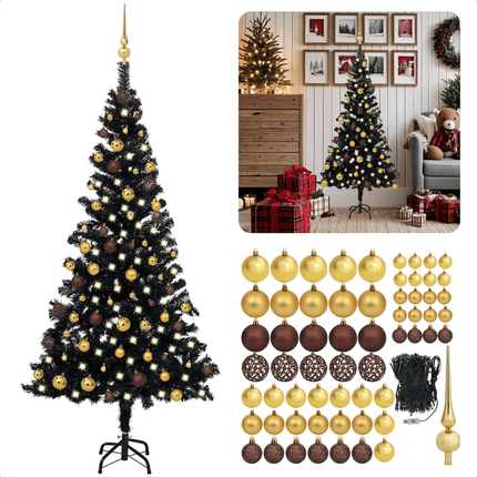 Cheqo® Zwarte Kerstboom - Kunstkerstboom 180 cm - Inclusief LED-Verlichting en Kerstballen - PVC en Staal