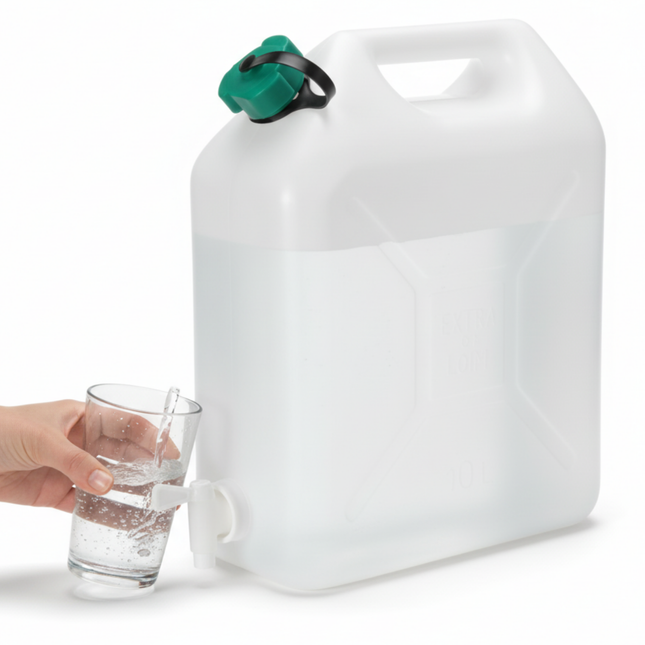 Cheqo® Jerrycan Met Kraan - 10 Liter - Kunststof Jerrycan - Water Jerrycan - Handgreep - Watertank - Transparant - Watertap - Limonadetap