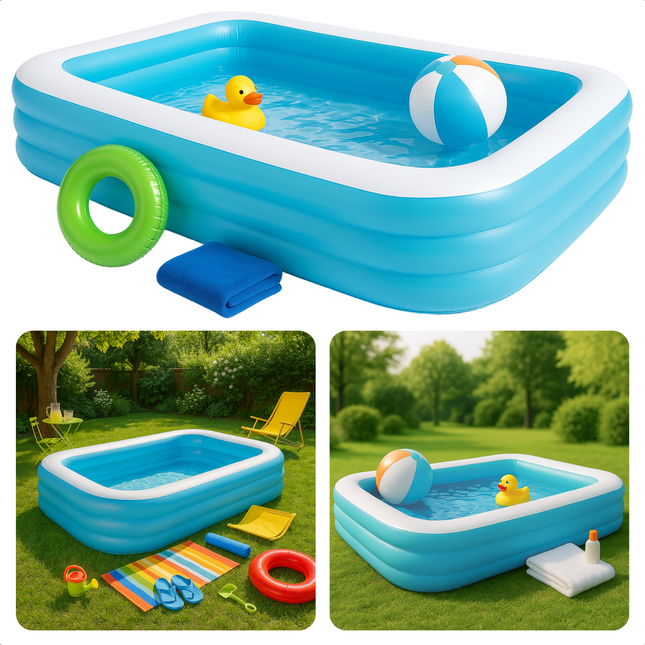 Cheqo® Opblaasbaar Zwembad - Opblaaszwembad - Familiezwembad - Rechthoekig - Vinyl met Brede Zijwanden