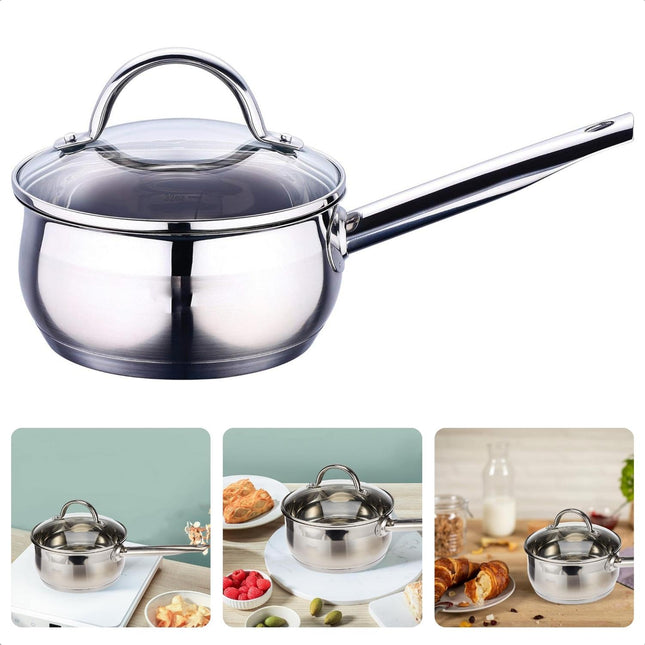 Cheqo® Bergner Gourmet RVS 18/10 Steelpan 16cm - 1,3L | Glazen Deksel | Energiebesparende Bodem | Inductie Geschikt | Vaatwasmachinebestendig 