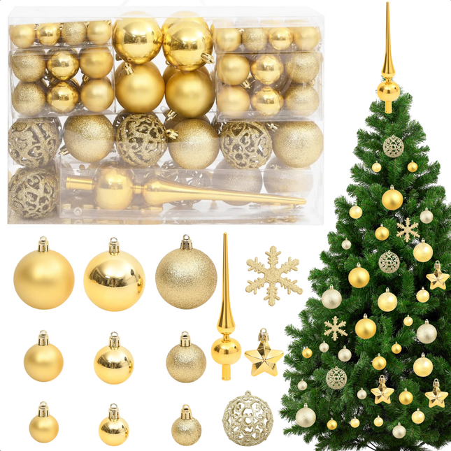 Cheqo® 111-delige Gouden Kerstballen Set - Kerstballenset - Onbreekbaar Polystyreen - Lichtgewicht Decoratie