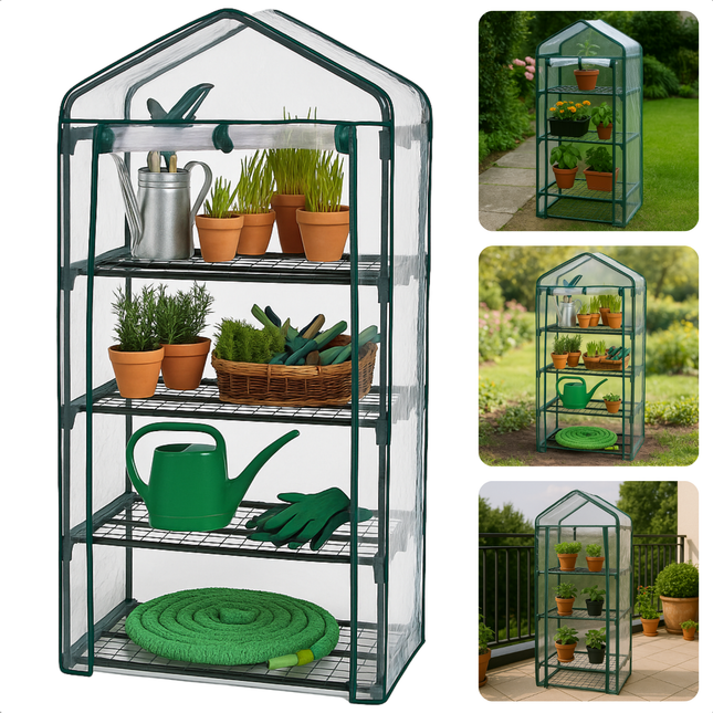 Cheqo® Mini Kas 4 Lagen - Kweekkas met Opbergruimte - Compacte Tuinkas voor Groente Kweken - Foliekas - Moestuin - Weerbestendige Plantenkas - Kweekkas