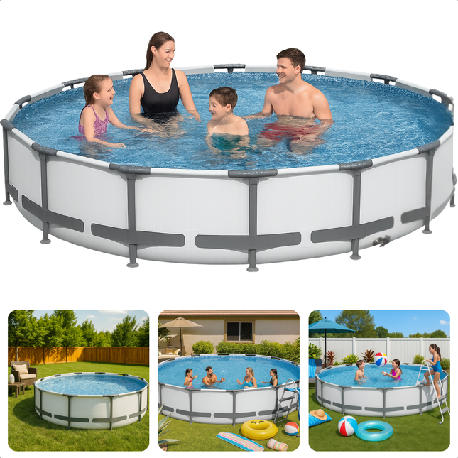 Cheqo® Opzetzwembad Rond – Familie Zwembad met Frame – Bovengronds Zwembad met Filterpomp – 10220L – Duurzaam PVC – Roestbestendig – Waterpret in de Tuin – Eenvoudig Zonder Gereedschap – Zomerse Verkoeling