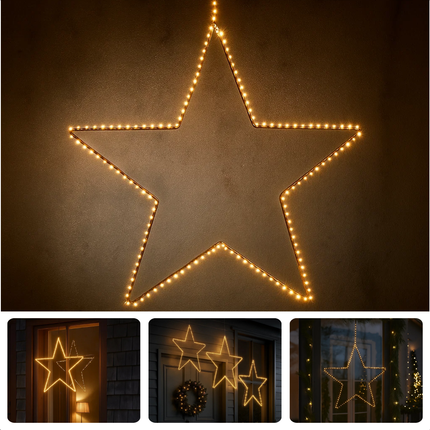 Cheqo® Ster Kerstverlichting - Kerstster - Warm Witte LED - Decoratieve Hangers - Zwarte Metalen Frame - Moderne Stijl - Kerstdecoratie Buiten - LED Lampjes Met Timer - 180 LED Lampjes - Adapter Inbegrepen - Tuinverlichting