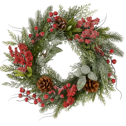 Cheqo® Kerstkrans Ø50 Cm - Rode Besjes - Bruine Dennenappels - Witte Afwerking - Licht Besneeuwd - Traditionele Kerstkleuren - Kerstdecoratie Interieur - Groene Dennennaaldjes - Eenvoudige Ophanging - Deurkrans - Rode Krans