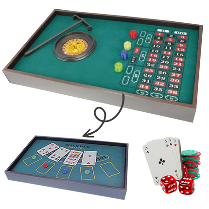 Cheqo® 2-in-1 Casino Speeltafel - Pokertafel - Roulette en Blackjack - Dubbelzijdig Speelmat - Inclusief Kaarten, Dobbelstenen, Pokerchips, Roulette Wiel & Hark - MDF Plaatmateriaal - 52 x 32 x 6.5 cm - Speelkleed - Gezelschapsspel Spellen