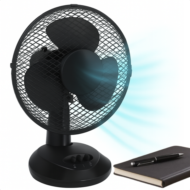 Cheqo® Tafelventilator Zwart – 23 cm Compacte Bureau Ventilator – 32 Watt – 2 Snelheden – Zwenkfunctie 75° – Lichtgewicht & Stil – Instelbare Luchtstroom – Energiezuinig – Ventilator voor Thuis & Kantoor