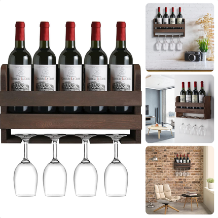 Cheqo® Houten Wijnrek Wandmontage - Flessenrek - Wijnflesrek - Wijnflessen Rek Voor 4 Flessen en Glazen - Glazenhouder - Hout - Compact Design