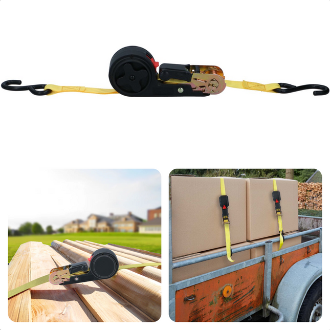 Cheqo® Nylon Spanband - 4 Meter - Sjorbanden - Bindriemen - Met Ratel - Elastische Banden - Multifunctioneel - Hoge Kwaliteit - Extra Sterk - Metalen Haak - Stevige Gesp - Max. 250KG - Verhuishulp - Nylon - Automatisch Oprolsysteem Spanbanden