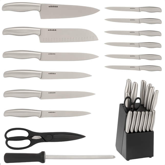 Cheqo® 15-delige Messenset met Messenblok Zwart – RVS Koksmes Broodmes Snijmes Santokumes – Steakmessen – Schilmes – Universeel Mes – Aanzetstaal – Keukenschaar – Anti-kleeflaag – Japanse Chefkok Messen – Strak Design