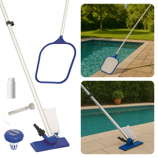 Cheqo® Zwembad Onderhoudsset - 7-Delig - Zwembad Onderhoud - Pakket met Zwembad Stofzuiger - Schepnet - Aluminium - Inclusief PH Teststrips
