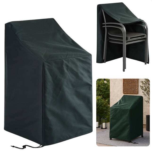 Cheqo® Tuinstoelen Afdekhoes - Tuinmeubelhoes - Stapelstoelhoes - Zwart - Outdoor Stoelhoes - Voor Buitengebruik - Stoelhoes Met Trekkoord - Hoes voor Tuinstoelen - Tuinstoel Afdekhoes - Meubeulhoes