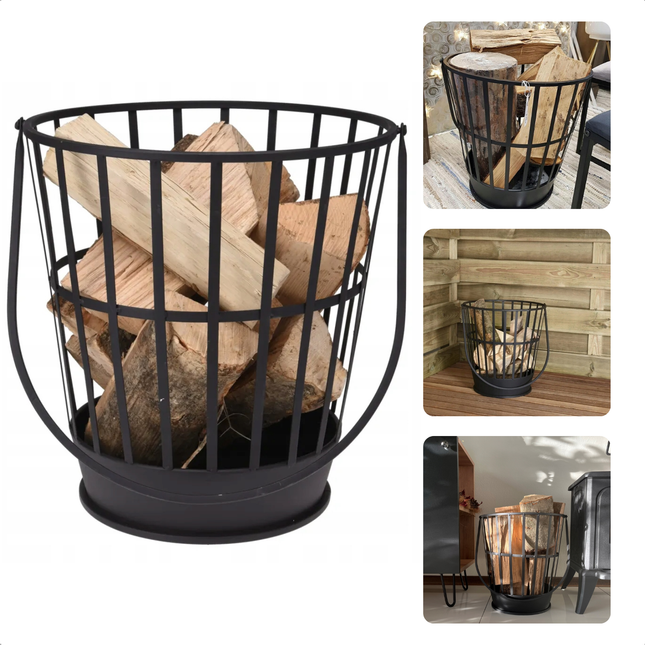 Moderne metalen vuurkorf met houtblokken voor gezellige avonden in de tuin op zomer- en winteravonden.