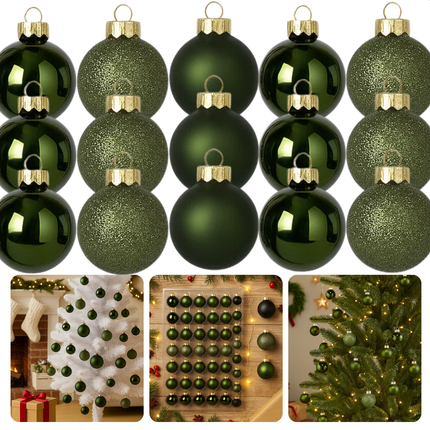 Cheqo® Donkergroene Glazen Kerstballen - Kerstboomversiering Donkergroen - Glans En Mat - Glazen Kerstballen Set - Glitter Kerstballen - Kerstballen Set - Kerstbal Set Van 42 Stuks