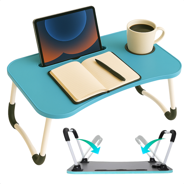 Cheqo® Opklapbare Laptoptafel - Ontbijt op Bed Tafel - Bedtafel met Tablethouder - Bank Tafeltje - Ontbijttafeltje - Banktafel - Blauw