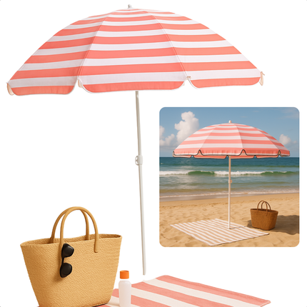 Cheqo® Strandparasol met Roze Streep - Parasol voor Strand - Tuinparasol - Terras Parasol - Polyester - Kantelbaar