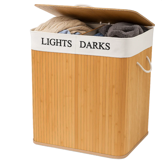 Cheqo® Wasmand met 2 Vakken - Wassorteerder - Bamboe Wasmand - Uitneembare Binnenzak - Afneembaar Deksel - 100 Liter Inhoud - Naturel Kleur - Wasmand met Deksel - Wasbare Binnenzak