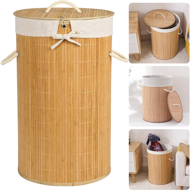 Cheqo® Wasmand van bamboe 48L met deksel en draaghengsels, stijlvolle en functionele opbergoplossing voor wasgoed.