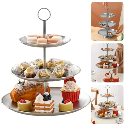 Cheqo® Etagere 3-Laags - RVS Serveerschaal - 34 cm Hoog - Ideaal voor High Tea - Serveer Schaal - Borrelplank