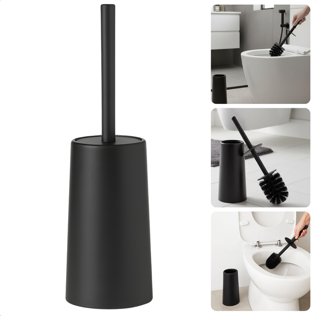 Cheqo® Toiletborstel Met Houder - Mat Zwart Toiletborstel - Modern Design WC Borstel - Gesloten Model Toiletborstel - Stevige Borstelharen - Geschikt Voor Toilet - Geschikt Voor Badkamer - Kunststof Toiletborstel - Toilet Borstel