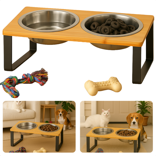 Cheqo® Dubbele Voerbak Voor Honden & Katten – RVS Voerbakken met Bamboe Standaard – Verhoogde Eet- en Drinkbak – Antislip Voerbak met Houder – Waterafstotend – Ergonomisch – Voor Kleine Huisdieren