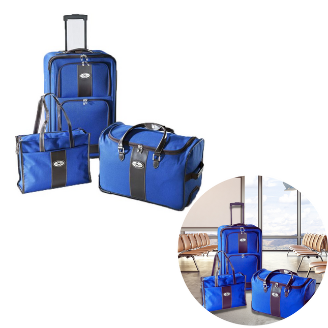 Cheqo® Kofferset - Reisset - Trolleykoffer - Trolleyreistas en Reistas - 600D Polyester - Blauw - 40.5x22xH63cm, 33x25.5xH50cm, 30x11xH40.5cm - Telescopisch Handvat - Draaggrepen - Kunststof Wielen met Kogellagers  - Handbagage - Trolleyset koffersets