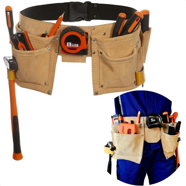 Cheqo® ToolPack Gereedschapgordel - Hoogwaardig Veloursleer - 2 Houders - Verstelbare Band - Veel Opbergmogelijkheden - Afmeting 19x19cm (2x) Gereedschap