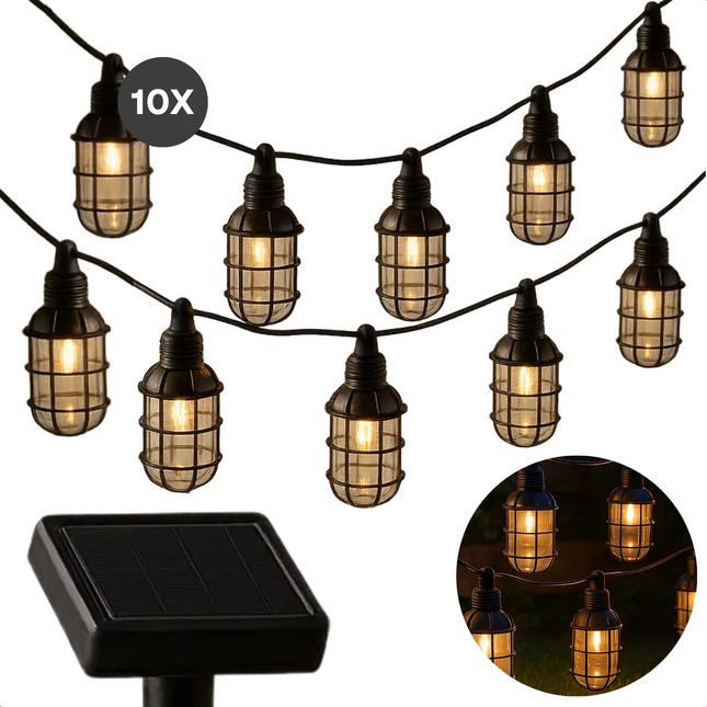 Cheqo® Solar Lichtsnoer - Tuinverlichting Op Zonne-Energie - LED Lantaarns - Warm Wit Licht - Buitenverlichting Zonne-Energie - Lichtsnoer Voor Buiten - Zonnepaneel Verlichting - 10 LED Lampen - Feestverlichting Op Zonne-Energie