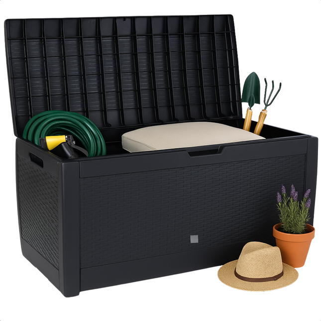 Cheqo® Opbergbox Tuin 310L – Tuinkussenbox met Deksel & Wielen – Kunststof Kussenbox Buiten – Zwarte Wickerlook – Weerbestendig – Verrijdbare & Afsluitbare Tuin Opbergkist – Duurzame Opbergbox Balkon & Garage