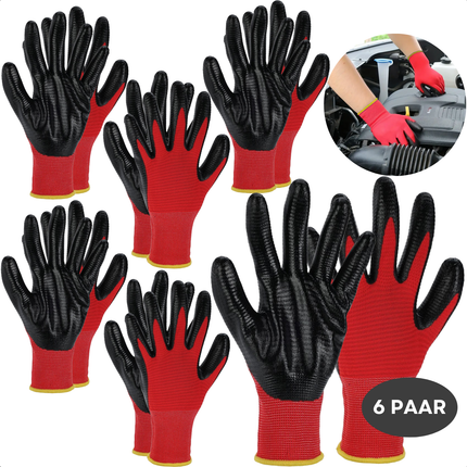 Cheqo® Werkhandschoenen 6 Paar - Bouw Handschoenen Set - Veiligheidshandschoenen Zwart Rood - Maat M L XL - Werk Handschoenen