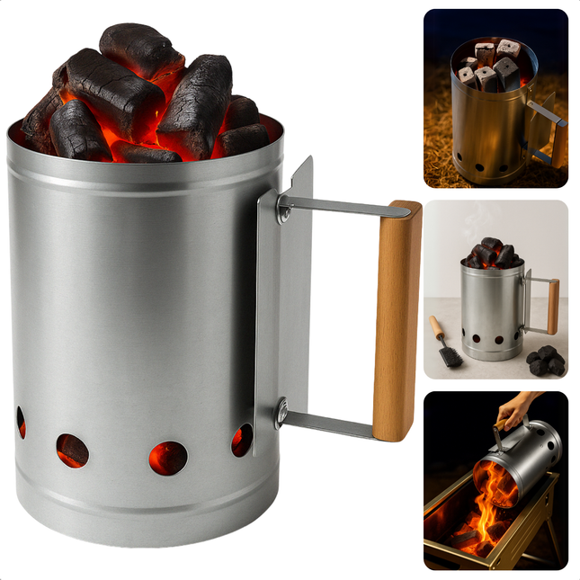 Cheqo® Houtskoolstarter RVS - Brikettenstarter - Aansteken BBQ - BBQ Starter - Barbecue Starter - Briketten Starter