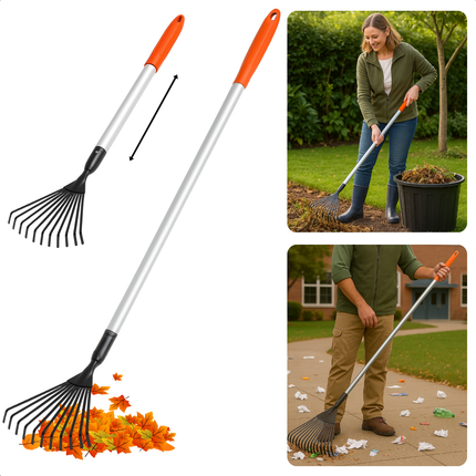 Cheqo® Telescopische Tuinhark – Verstelbare Bladhark met Uitschuifbare Steel – Aluminium & Koolstofstaal – Corrosievrij Tuingereedschap – Lichtgewicht Hark voor Tuin en Gazon – Stevige Telescopische Handgreep