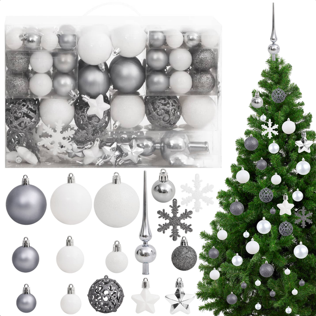 Cheqo® 111-delige Kerstballenset - Kerstballen Set - Onbreekbaar Polystyreen - Wit en Grijs - Verschillende Maten