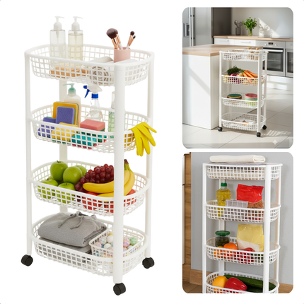 Cheqo® Keukentrolley Op Wieltjes - 4 Lagen Manden - Wit Kunststof - Opbergtrolley Keuken of Badkamer - Ruimtebesparend Ontwerp - Keuken Organizer - Multifunctionele Trolley - Smalle Rolwagen - 4 Wieltjes