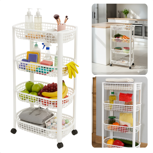 Cheqo® Keukentrolley Op Wieltjes - 4 Lagen Manden - Wit Kunststof - Opbergtrolley Keuken of Badkamer - Ruimtebesparend Ontwerp - Keuken Organizer - Multifunctionele Trolley - Smalle Rolwagen - 4 Wieltjes
