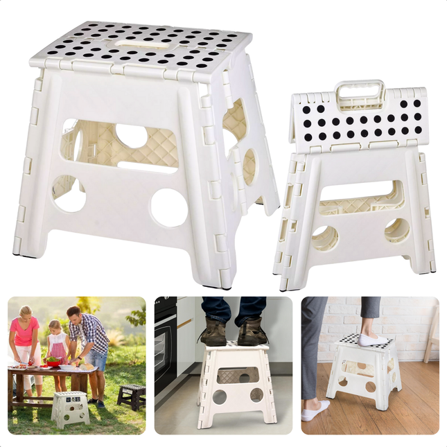 Cheqo® Vouwbare Opstapkruk - Opstapje - Trapje - Kruk - Krukje - Keukentrap - Keukentrapje - Opvouwbaar - Anti-Slip - ABS Materiaal - Max. 100 kg - Wit