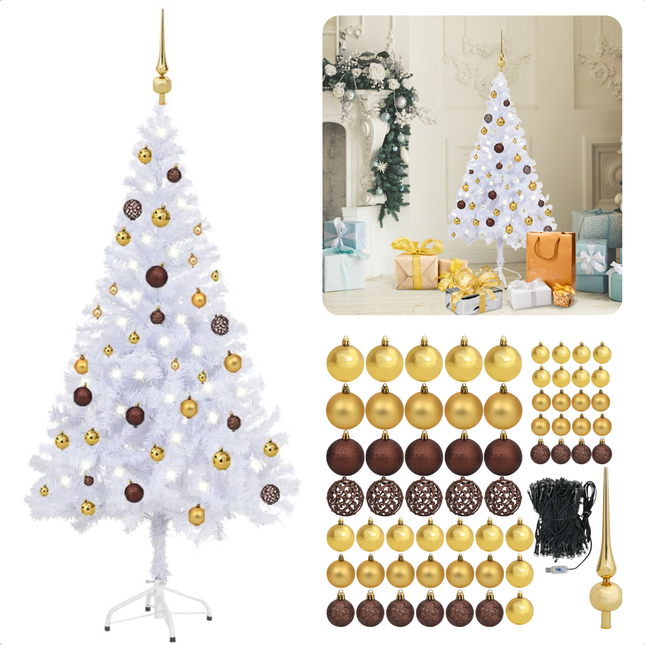 Cheqo® Kerstboom - Kunstkerstboom Wit 150 cm - Inclusief LED-Verlichting en Kerstballen - PVC Sneeuwlook