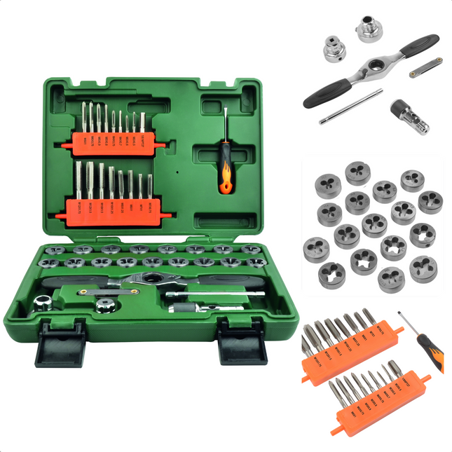 Cheqo® Handtappenset - 40-delig - Kunststof Cassette - Tapset - Schroef Verwijder Set - Snijmoerenset - Schroefdraad Snijden - Gaten Boren - Handgereedschap - Gereedschapset tapsets
