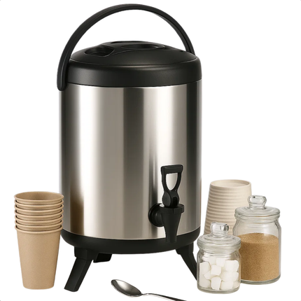 Cheqo® Thermos Drankdispenser - 10 Liter Inhoud - RVS Materiaal - Dubbelwandig Isolerend - Warme En Koude Dranken - Tapkraan - Opklapbare Pootjes - 40 cm Hoogte - 22 cm Diameter - Thermoskan - Drank Serveren