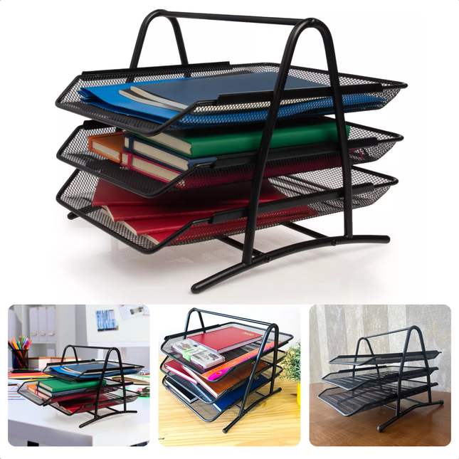 Cheqo® brievenbak zwart mesh metaal; drie uitschuifbare lagen voor documentenorganisatie op bureau.