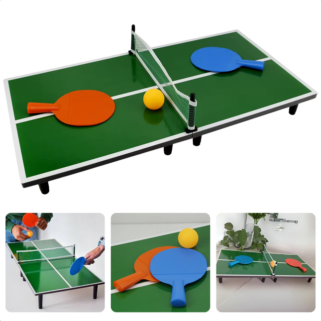 Cheqo draagbare houten tafeltennis set 60x30cm met oranje en blauwe batjes en gele bal, ideaal voor snelle reflexen en plezier.