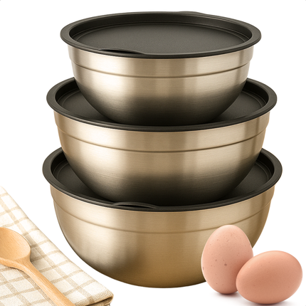 Cheqo® RVS Mengkommen Set - Mixkom - Beslagkommen Set - Mengkom Set - Beslagkom Stapelbaar en Met Deksel - 3-delig - RVS