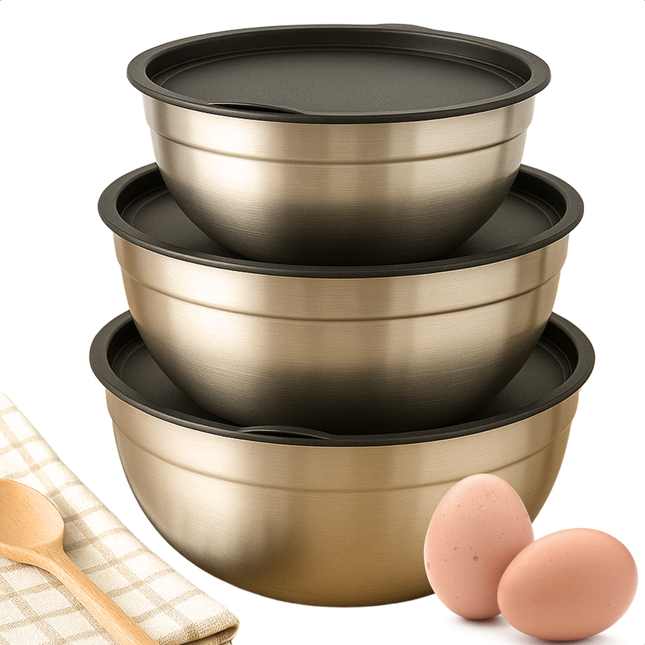 Cheqo® RVS Mengkommen Set - Mixkom - Beslagkommen Set - Mengkom Set - Beslagkom Stapelbaar en Met Deksel - 3-delig - RVS