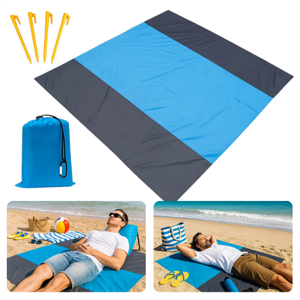 Cheqo® Strandmat Waterafstotend - Picknickkleed Groot - Lichtgewicht Strandmat - Opvouwbare Picknickkleed - Strandmat Met Haringen - Picknickkleed Met Opbergzak - 210x200 cm Kleed - Blauw Grijs Kleed - Polyester Strandmat