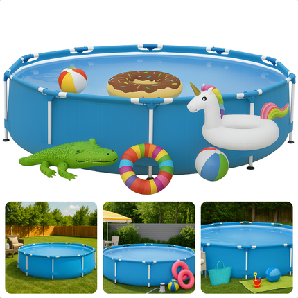 Cheqo® Zwembad Set – Rond Opzetzwembad met Stevig Stalen Frame – PVC Liner – Filterpomp & Cartridge – Leegloopventiel – Zwembad voor Kinderen – Eenvoudig op te Zetten – Tuinzwembad met Accessoires – Zwembad
